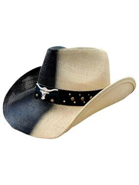 STRAW COWBOY HAT - Black & Beige with Longhorn Accent Band (Adult Size)